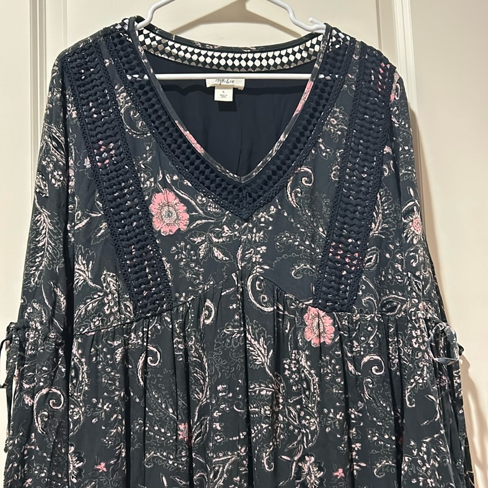 Style & Co womens floral Bell Sleeve ruffle Dress crochet appliqué lined size L